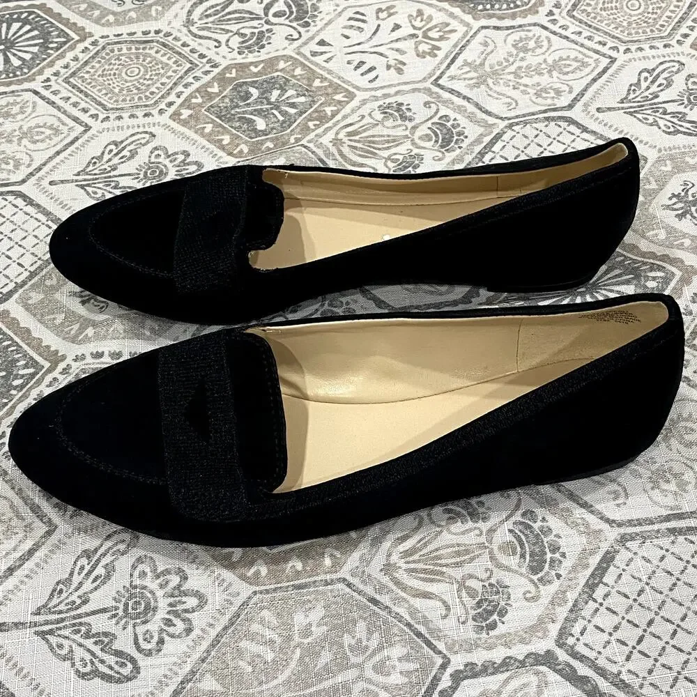 Nine West Black Suede Zappoli Loafer Ballet Flats Comfort Classic Size 8.5 M